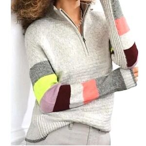Cabi Downhill Knit Quarter Zip Sweater Gray Multi Color Striped Sleeves | M